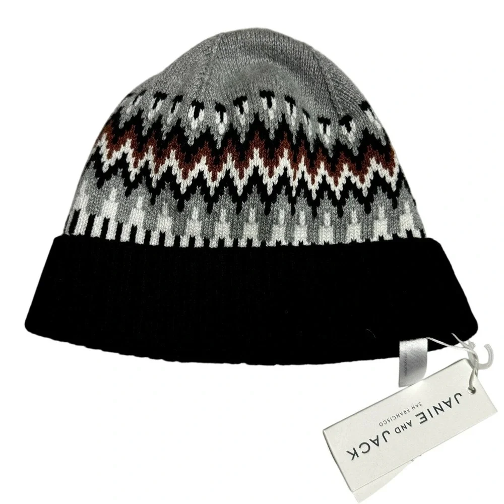 Janie and Jack Kids Beanie Hat Fair Isle Pattern Black Gray Brown White 2T‎ 3T